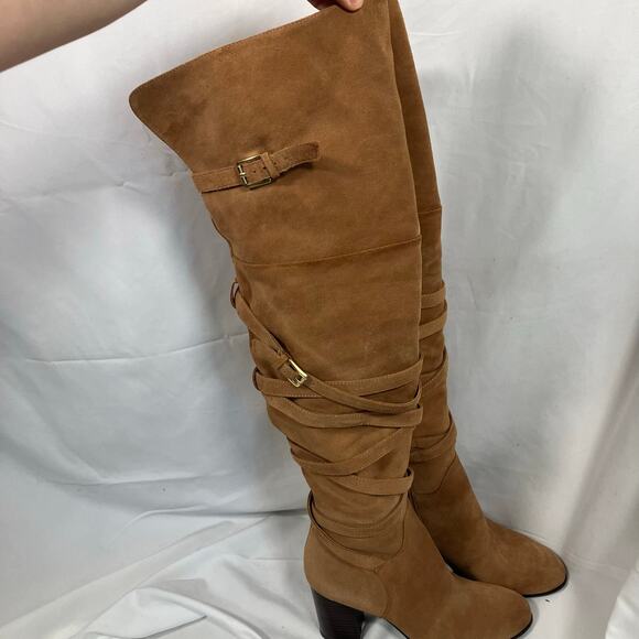 Sam Edelman Tan Suede OTK Boots 7 Leather Heel Wrap Strap Tall Zip Buckle - Picture 4 of 16